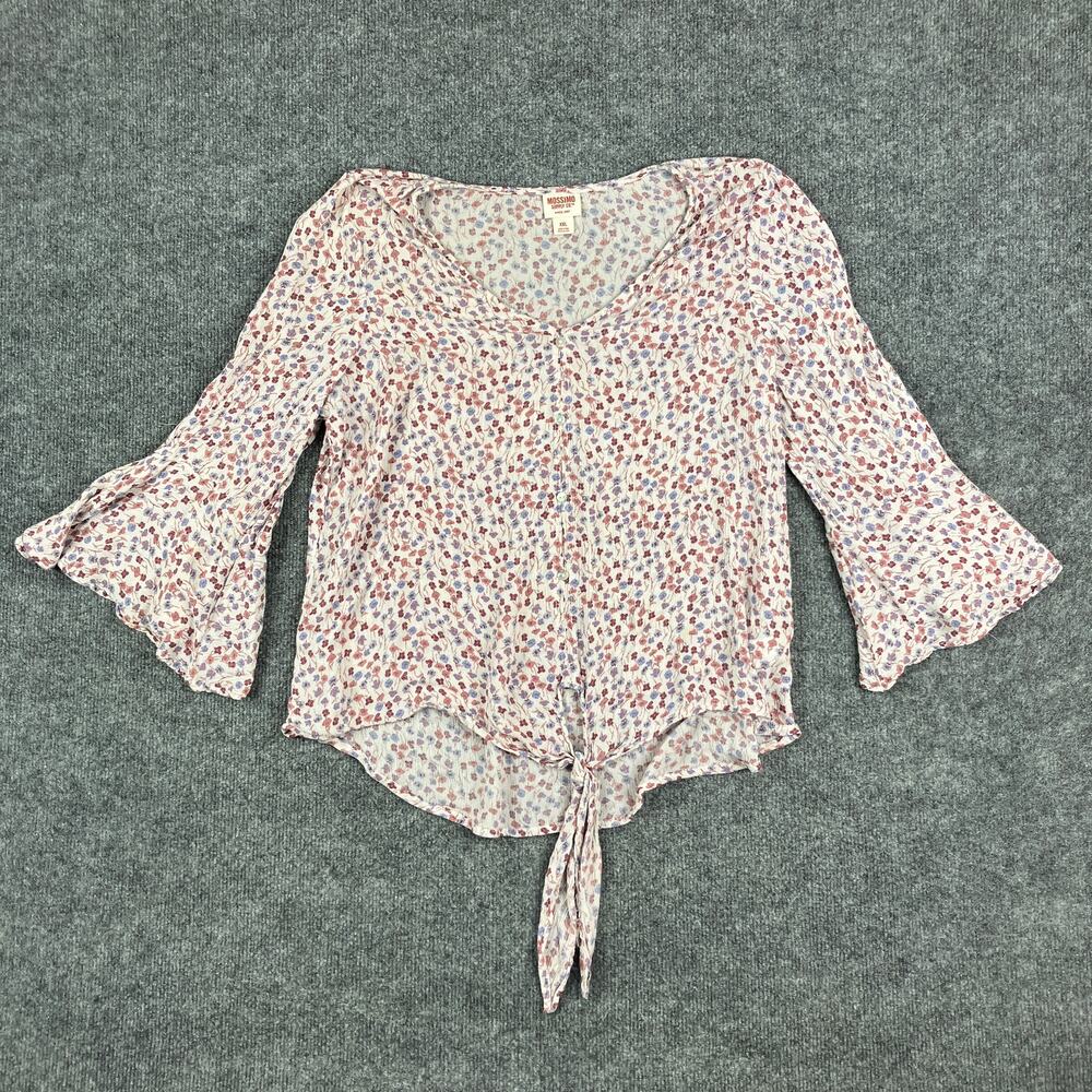Mossimo Supply Co Top Womens XXL Pink Blue Floral Tie Front BellSleeveBohoBlouse